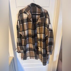 Women's Plaid Shirt Jacket in Black, Brown, and White